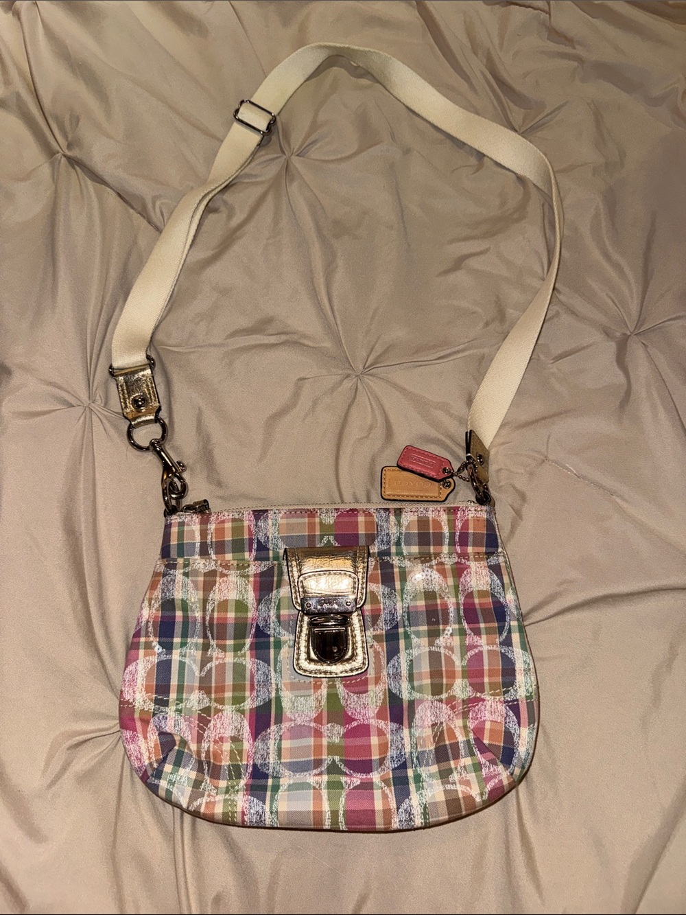 Vintage Coach Bag - Multicolor Plaid Crossbody Bag with Cream Strap